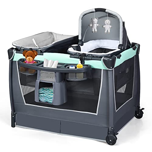 LIFEZEAL 4 en 1 Lit Parapluie Bébé avec Matelas à 2 Niveaux, 0-36 Mois, Lit Bébé Pliable en Tissu Oxford, Charge de 15 KG, Berceau Bébé avec Table à...
