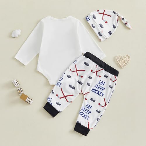 Newborn Baby Boy Clothes Hockey Funny Letter Bodysuit Romper Pants Hat 3 Piece Fall Outfits3