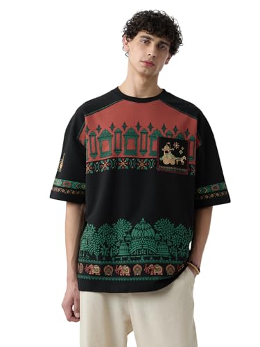 Image of The Souled Store Samsara Men and Boys Short Sleeves Round Neck Grey Graphic Printed Cotton Super Oversized T-Shirts