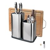 Yimerlen Universal Knife Block, Stainless Steel Universal Knife Holder Block Without Knives, Modern Kitchen Knife Storage Organizer for Countertop (with Cleaning Brush) (Stainless Steel/Silver)