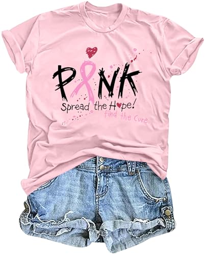 hohololo Breast Cancer T Shirts for Women Breast Cancer Awareness T-Shirt Pink Ribbon Short Sleeve Tops,Pink-A,XXL