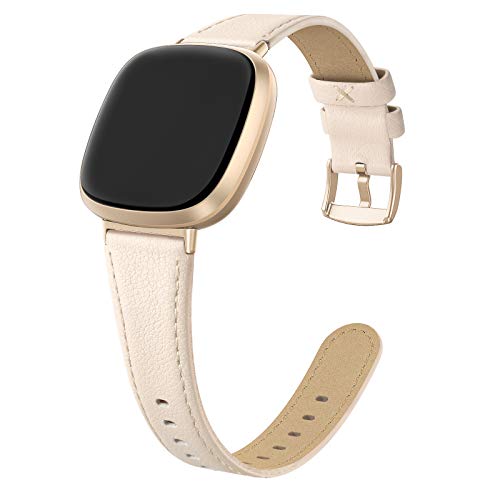 EDIMENS Kompatibel mit Fitbit Versa 3 / Fitbit Sense Armband Leder, Lederarmband Kompatibel für Fitbit Versa 3 / Sense Armbänder Leder Damen Herren Sport Beige mit Goldschnalle Cover