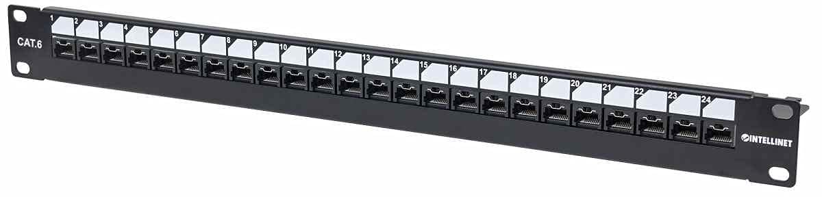 Intellinet Patch Panel, Cat6, UTP, 24 Port, 1U, Locking Function, Top Entry Punch Down, Black