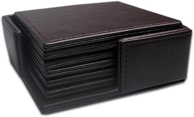 Square Tea Coasters Pack of 6 with Holder for bar, Home, Office, Genuine/Real Leather, Non-Slip, Heat Resistant Coasters, bar Coasters, Drink Coasters. (Black)