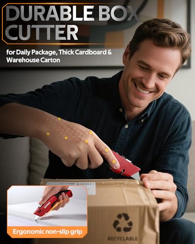 Image of VOTREK 2-Pack Box Cutter Utility Knife, [2-in-1] Retractable Box Cutter, Heavy Duty Safety Sharp Razor Knife for Home & Warehouse Cardboard, Carpet, [Blade Storage], with Extra Razor & Hook Blades