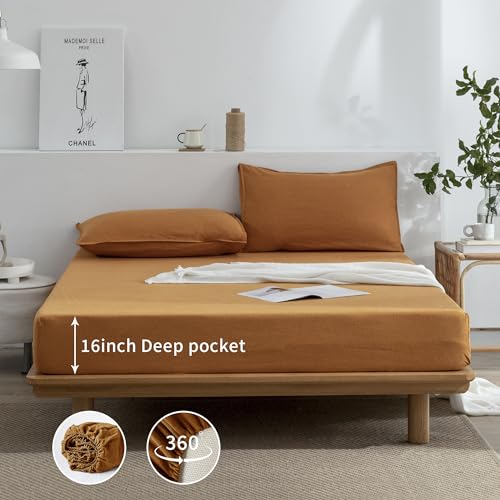 EVERLY Linen Sheets Set Twin Size,100% French Pure Linen Sheets Set,3Pieces (1Flat Sheet,1Fitted Sheet,1Pillowcase) Suitable for Hot Sleepers, Stonewash Deep Pocket Natural Bedding Set-Caramel