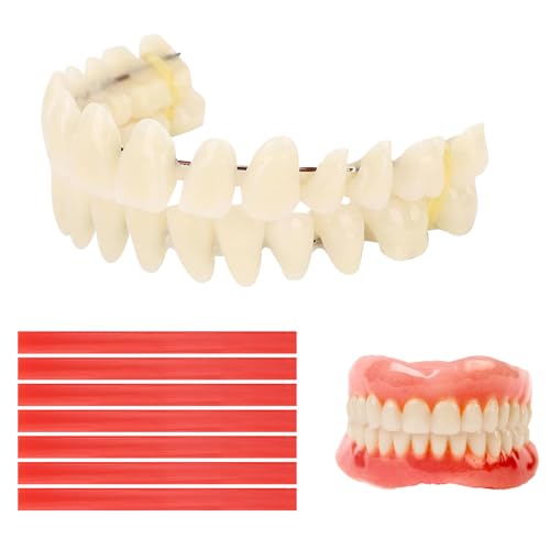 Denture Repair Kit, Moldable False Teeth Top and Bottom with Red Wax Tablets 7 Pieces DIY Resin Denture Kit for Men and Women with Bad Teeth to Repair Missing Teeth Teaching Mold