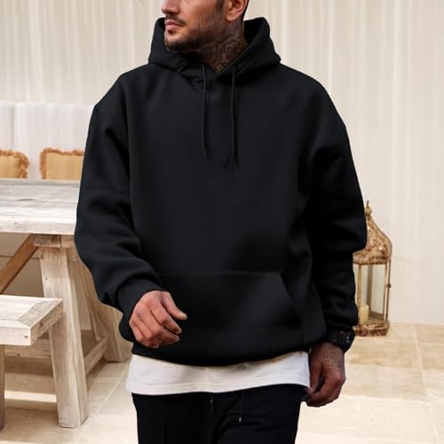 Men's Fleece Lined Hooded Sweatshirt Comfort Fit Long Sleeve Soild Color Drawstring Pullover Top with Pocket2