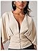 SHENHE Women's Deep V Neck Cinched Waist Linen Blouse Button Dolman Sleeve Dressy Top Shirt Khaki Small