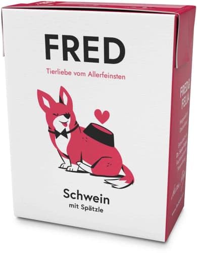 FRED Nassfutter Hund Schwein mit Spätzle – Monoprotein – 50 % Schweinefleisch in Lebensmittelqualität – Getreidefrei – mit Gemüse & Ölen – Alleinfuttermittel für Hunde – 390g Tetra Pak
