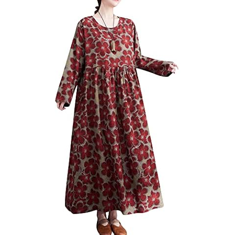 Versear Women Printed Dress Loose O Neck Long Sleeves Kaftan Dress Casual Pleated Oversized Beach Dress with Pockets Burgundy Cover
