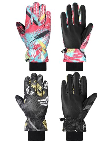 Image of SATINIOR 2 Pairs Kids Waterproof Winter Snow Gloves Ski Gloves for Boy Girl Outdoor Warm Thickening Snowboard
