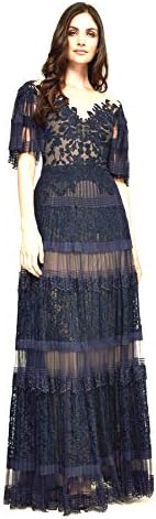 Tadashi Shoji Women's Elbow SLV Pleated lace Gown, Navy/Nude, 4