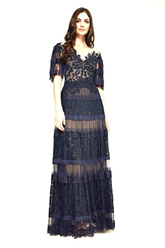 Tadashi Shoji Women's Elbow Slv Pleated Lace Gown, Navy/Nude, 4 #TOP1