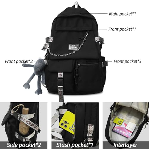 Fashion Backpack with Cute Accessory Bookbags with Pendant Laptop Bag Casual Lightweight Travel Daypacks (Black)4