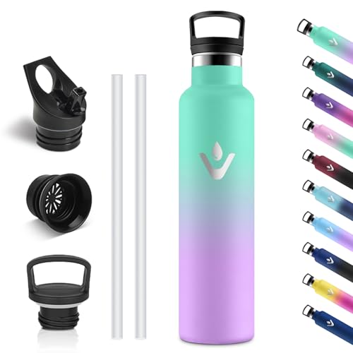 Vikastar Botella Termica, 1 Litro sin BPA, Botella Agua Acero Inoxidable, a Prueba de Fugas, Cantimplora, Reutilizable, Botella de Agua para Deporte, Oficina, Gimnasio, Verde Lago & Morado Claro