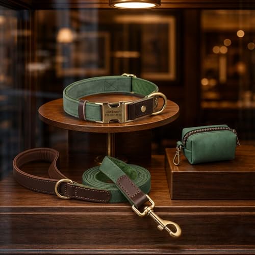 Image of Personalized PU Leather Dog Collars,Quick Release Buckle,Green,S