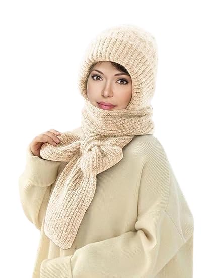 2 in 1 Windproof Scarf With Cap Winter Warm Stole Soft Knitted Beanie Hats