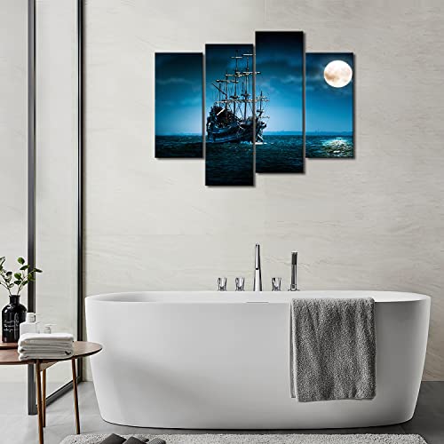 Pirate Ship Viking On The Blue Ocean In The Full Moon Night Canvas Print Wall Art Decor Seascape Artwork Prints For Home Living Room Or Office Decoration #TOP3