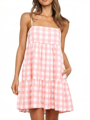 Image of Womens Summer Plaid A-line Sleeveless Casual Flowy Mini Sundress