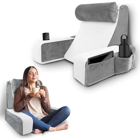 HOMCA Back Pillow for Bed Sitting Up with Arms Rest, Full Support Reading Pillow for Bed Back Rest Pillow for Adult Bed Rest Pillow for Reading/Watching TV/Resting/Gaming (Grey/White, Standard) Cover