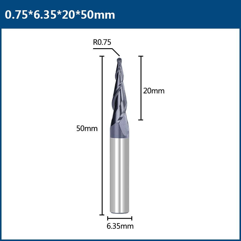Fraise CNC R0.75 conique en carbure monobloc à queue de 6.35mm