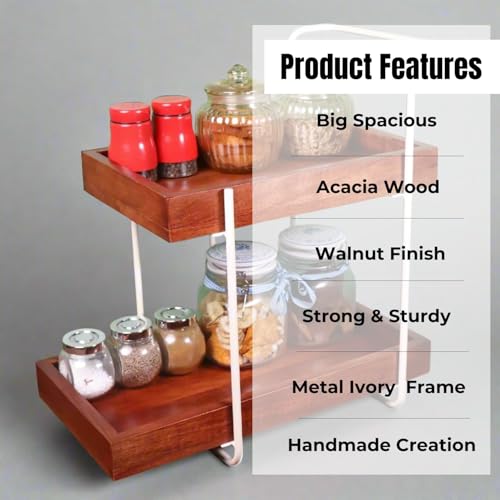 Image of Woodnest Wooden kitchen Organizer Shelf with 2 Spacious Compartments, Easy Kitchen Grocery Organiser, Organizer, Kitchen Spice Racks and Storage, Ivory & Brown,1Pc - (44L x 23W x 41H cm)