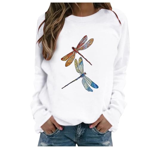 Image of Womens Sweatshirt Dragonfly Graphic Crewneck Long Sleeve Tops Causal Loose Funny Pullover(White, L)