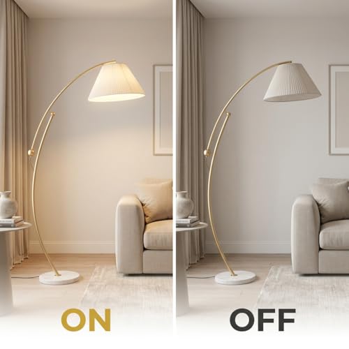 Image of Arc Floor Lamp 3-Color CCT (Warm + Natural + Cold White) | Gold Metal Body | Marble Base | Fabric Shade | Living Room Bedroom Standing Lamp