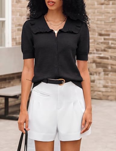 Image of Watashi Womens Ruffle Collar Puff Short Sleeve Cardigan Knit Crop Top | Peter Pan Collar Crochet Knitted Summer Fall Casual Work Wear Sweater