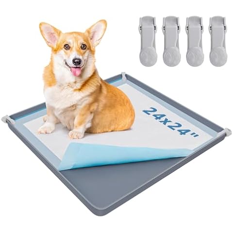 LOOBANI Dog Pee Pad Holder - Silicone Puppy Pad Holder - High Edge Dog Potty Tray with 4 Holder Clamps for Puppy Potty Training, Fits Up to 24" x 24" Training Pads, Gray Cover