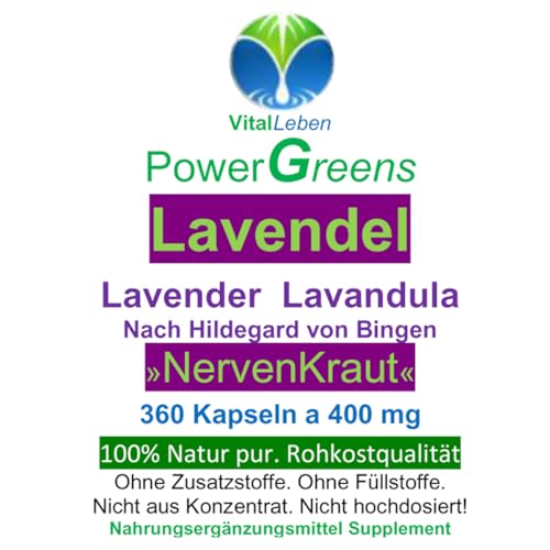 LAVENDEL 360 Kapseln [NERVEN-KRAUT] Blüten Pulver pur nach Hildegard von Bingen - Beruhigung + Entspannung & schöner Schlaf + GUTE NACHT. NATUR pur [ohne ZUSATZSTOFFE] 26630-360