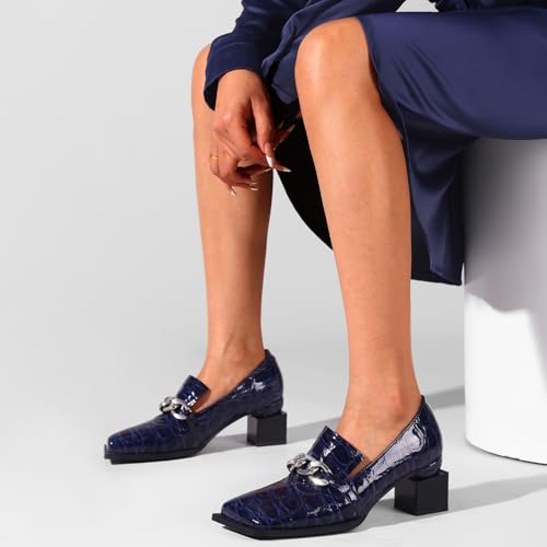 Image of Loafers for Women Patent Leather Buckle Square Toe Chunky Block Dress Slip On Wide Casual Comfortable Dressy High Heels Ladies Comfort Moccasins Elegantes 2 Inch Shoes