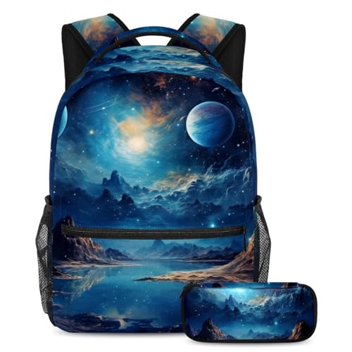 Sac à dos de grande capacité 29.4x20x40cm et trousse ergonomique motif espace #06