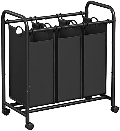 SONGMICS LSF003B kosz na pranie z 3 przegródkami, z kółkami, do sortowania prania, z uchwytami, wyjmowane kieszonki materiałowe, czarny