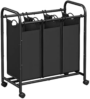 SONGMICS LSF003B kosz na pranie z 3 przegródkami, z kółkami, do sortowania prania, z uchwytami, wyjmowane kieszonki materiałowe, czarny