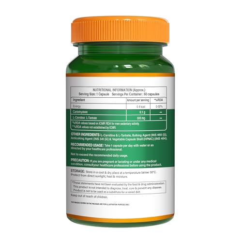 Image of Pure Nutrition L Carnitine L Tartrate | L Carnitine Supplement Capsules for Men & Women | Pre Workout Supplement | Fat Burner & Energy Booster | Supports Fat Metabolism, Muscle Recovery & Performance - 60 Veg Capsules