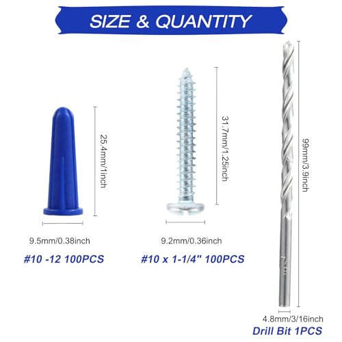 Pan Parry PAN003 Concrete Anchors And Screws Kit, 201Pcs Drywall Anchor Screws, 100Pcs #10-12 Plastic Anchors And 100Pcs Self Tapping Screw With 1Pcs Drill Bit For Stucco Concrete Masonry Brick thumb #1
