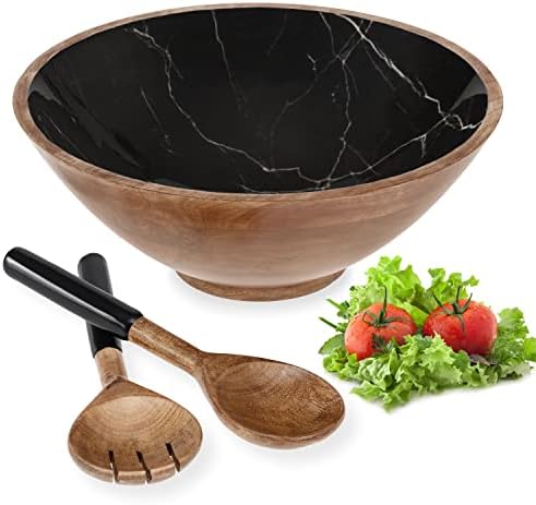 Wooden Salad Bowl Set Large 12" with Server Tongs Spoons, Black Marble Bowl with Utensils for Kitchen Decor