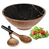 Wooden Salad Bowl Set Large 12" with Server Tongs Spoons, Black Marble Bowl with Utensils for Kitche