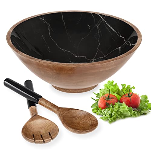 Wooden Salad Bowl Set Large 12" With Server Tongs Spoons, Black Marble Bowl With Utensils For Kitchen Decor #TOP2