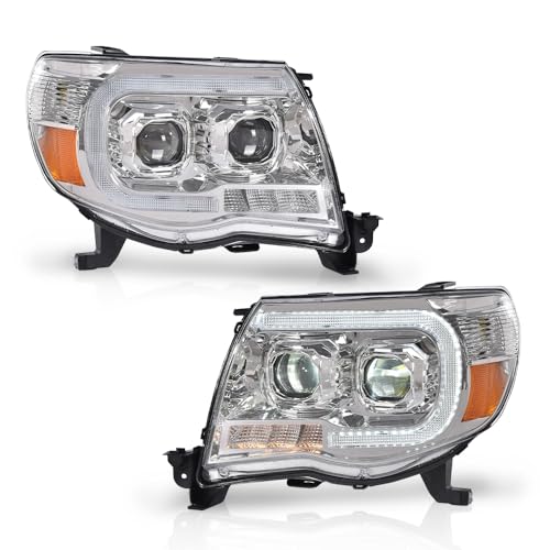 Image of GRAND ORANGE LED Tube Projector Headlights Assembly Headlamps W /o Bulbs Compatible with Toyota Tacoma 2005-2011 Clear Lens Chrome Housing Amber Reflector Driver & Passenger Side