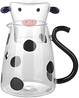 Glass Water Jug with Tumbler 500ml V-Shaped Spout Heat Resistant Cute Clear Cow Glass Pitcher Portable Bedside All in One Carafe and Cup Set for Tea Milk Water Coffee