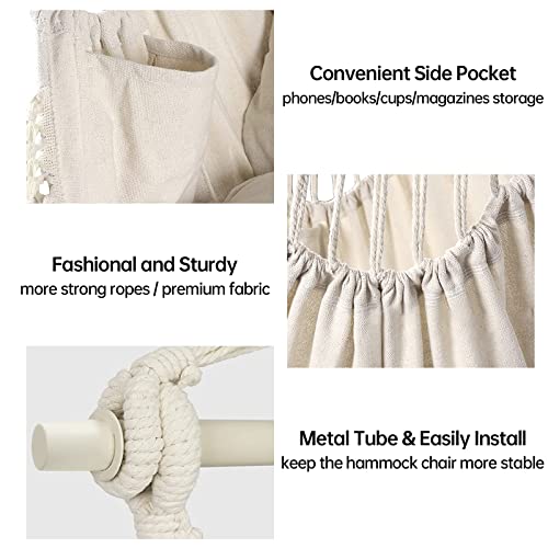 Hanging Hammock Chair Swing Indoor- Patio Outdoor Rope Hanging Chairs Sturdy & Safe For Bedroom Decor Or Camping Gear,Max 330 Lbs,2 Comfort Cushions Included For Kids Girls,Easy To Assemble,Beige #TOP1
