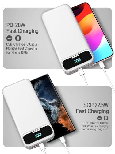 Image of Nusyddy Portable Charger 20000mAh 22.5W w /Built-in Cables & Wall Plug White | 22.5W Fast Charging, High Capacity, LED Display, Charge 5 Devices at once, TSA Approved, Compatible with iPhone /iPad /Samsung