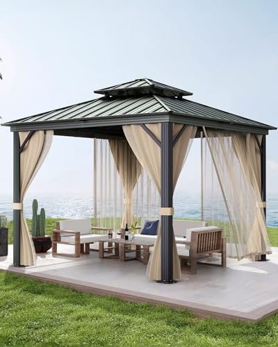 Hardtop Gazebo 10'x10' for All Weather, with Double Metal Roof, Aluminum Alloy Frame, Net, and Curtain, Permanent Building for Patio, Deck, Backyard, Lawn, and Garden, Khaki