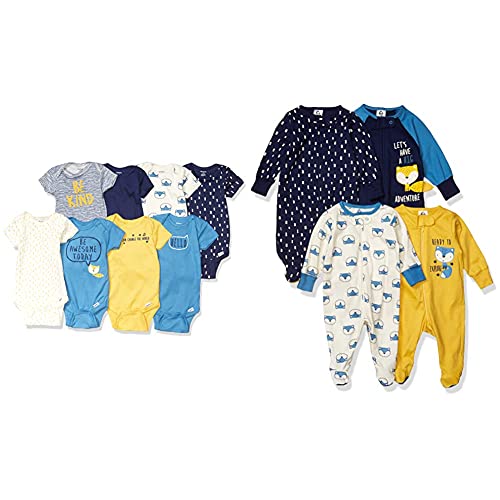 Image of Gerber Baby Boys' 8-pack Short Sleeve Onesies and 4-Pack Sleep 'N Play Clothing Bundle, Fox, 0-3M