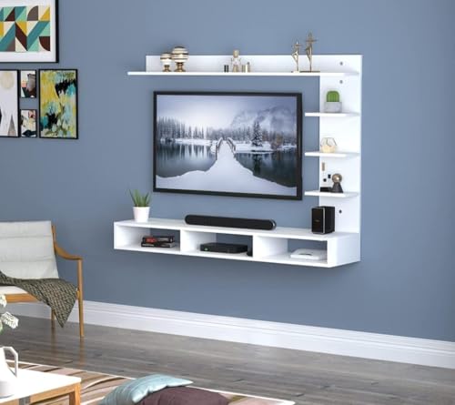 Image of SNQ Wall-Mounted TV Entertainment Unit with Shelves, White