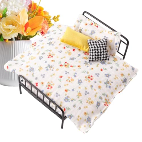 Cama de muñeca con ropa de cama y accesorios retro para casas de miniatura infantiles