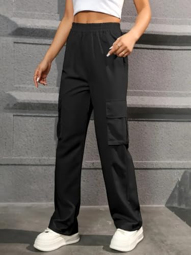 Image of THIRD QUADRANT Women's Wide Leg High Waisted Baggy Lounge Track Pants with Cargo Pockets Drawstring || Athletic Flared Trackpants with Utility Pockets
